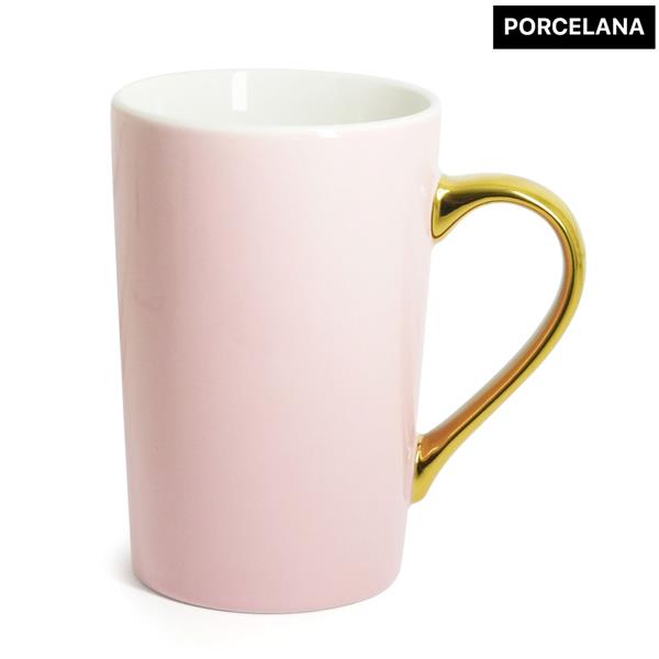 Caneca Cônica Rosa de Porcelana para Sublimação com Alça Cromada Dourada - 400ml