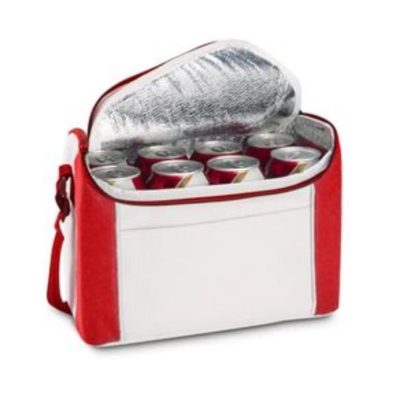 Bolsa Térmica com Bolso Frontal de 8L para Sublimação na Cor Branca/ Vermelha – Tamanho 21 x 28 x 14,5cm